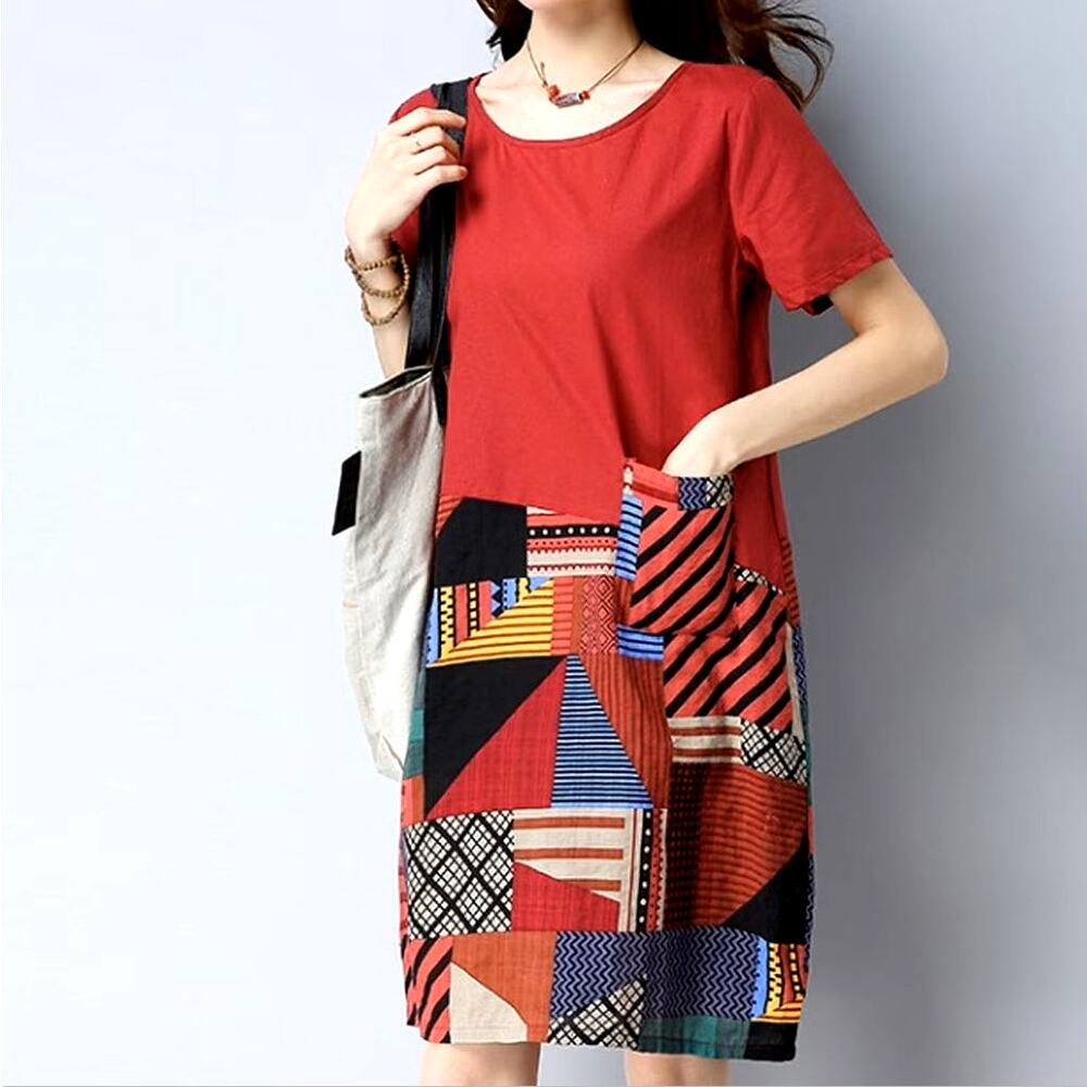 Lagenlook Artsy Woven Geometric Patchwork Printed Tropical Travel T-shirt Dress